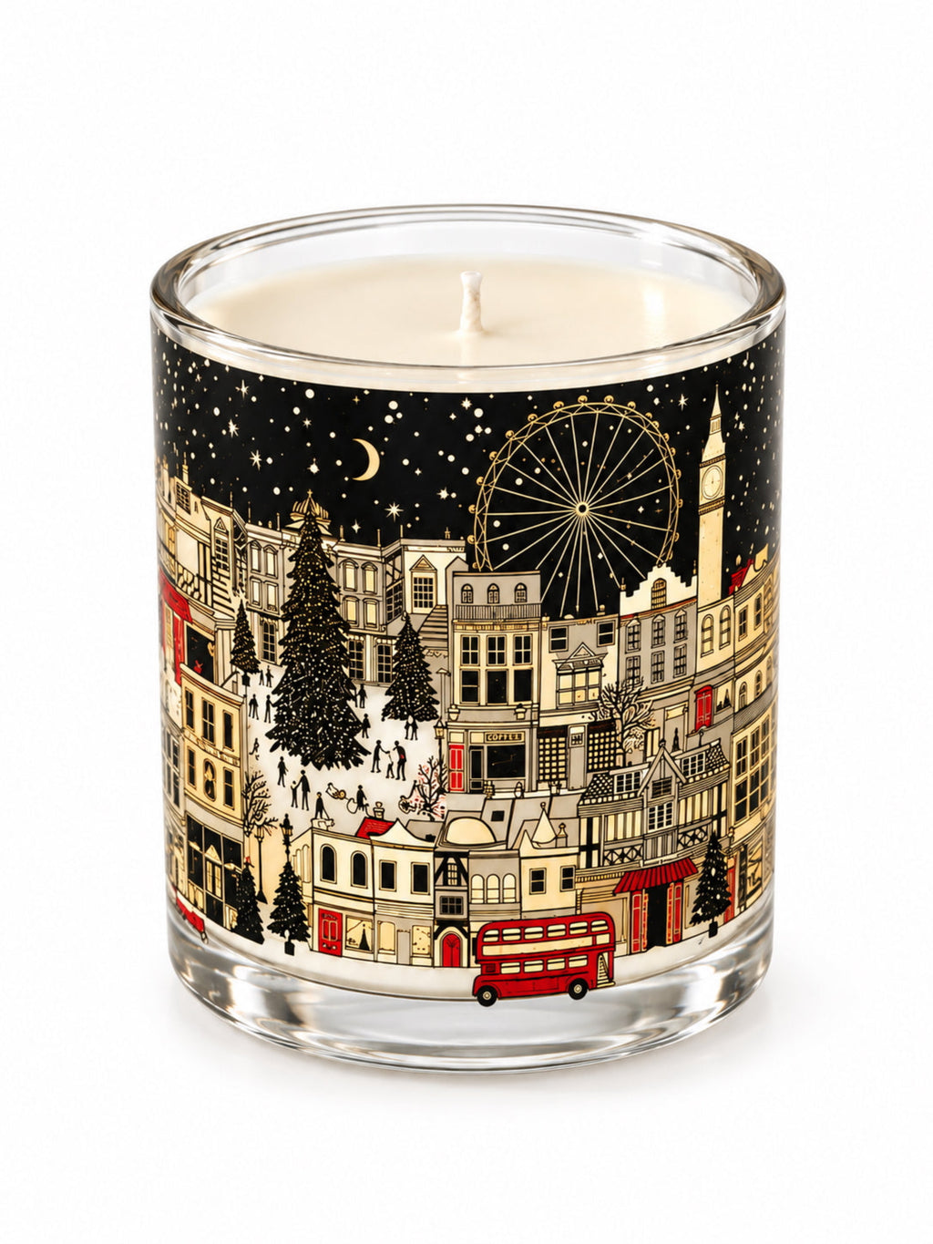 A scented candle  decorated with a festive Christmas London cityscape illustration featuring red double-decker buses,  and snow-covered landmark buildings and attractions
