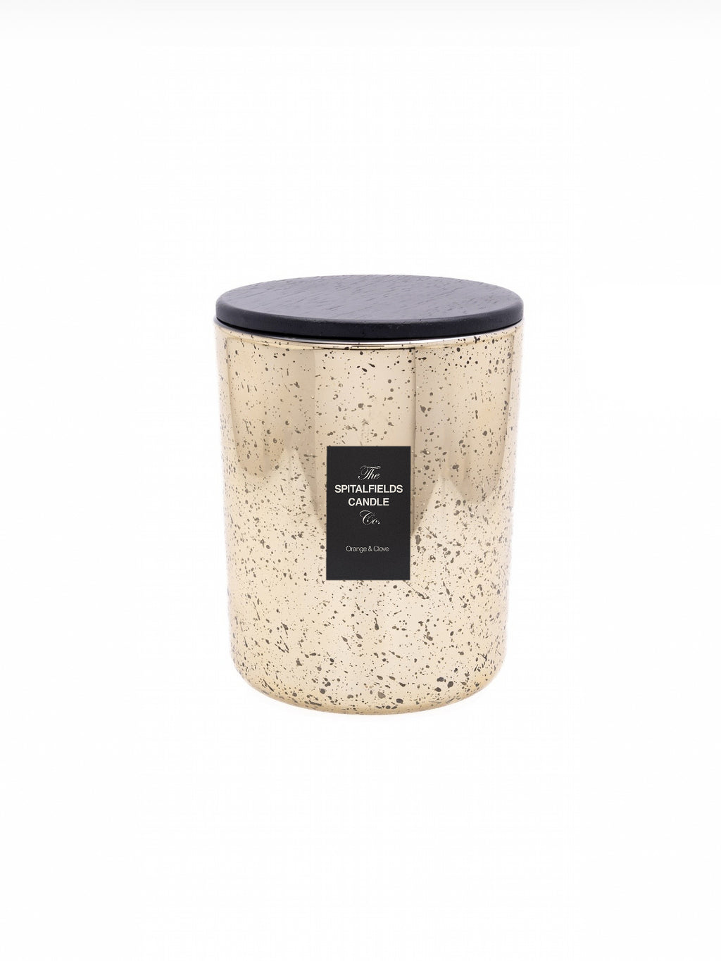 A speckled gold glass candle jar with a d charcoal lid and a black label reading 'Spitalfields Candle Co'.